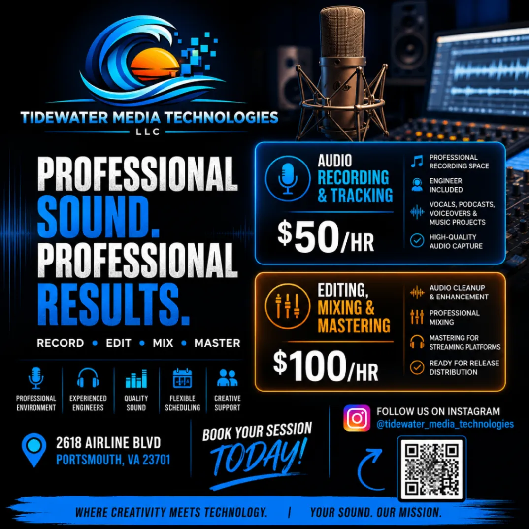 Tidewater Media Technologies audio recording and tracking, editing, mixing and mastering offer with rates and contact details