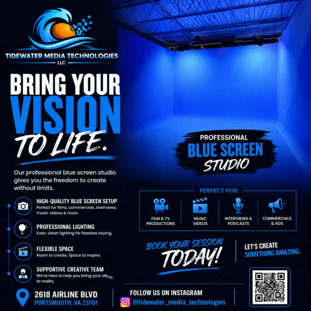 Tidewater Media Technologies blue screen studio offer with studio details and contact information