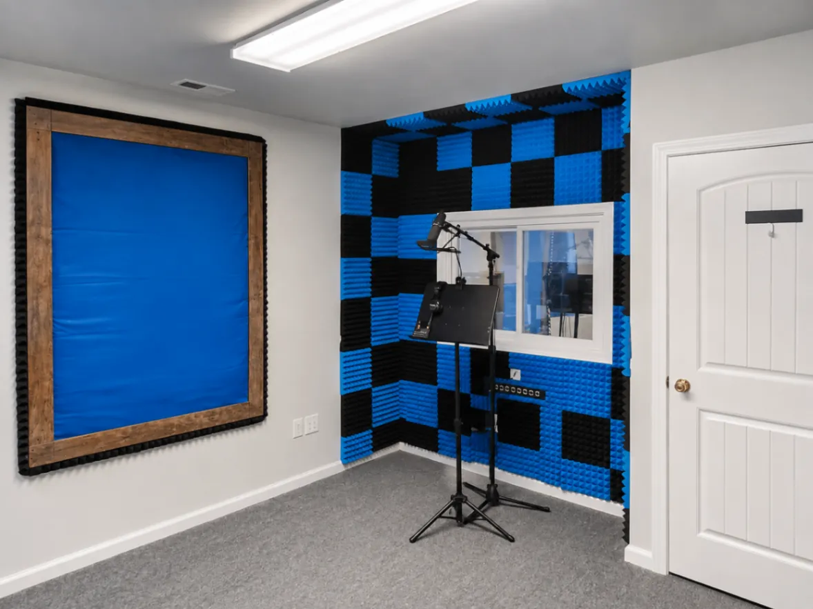 Audio recording and tracking room with a microphone, blue acoustic treatment, and window into the control room